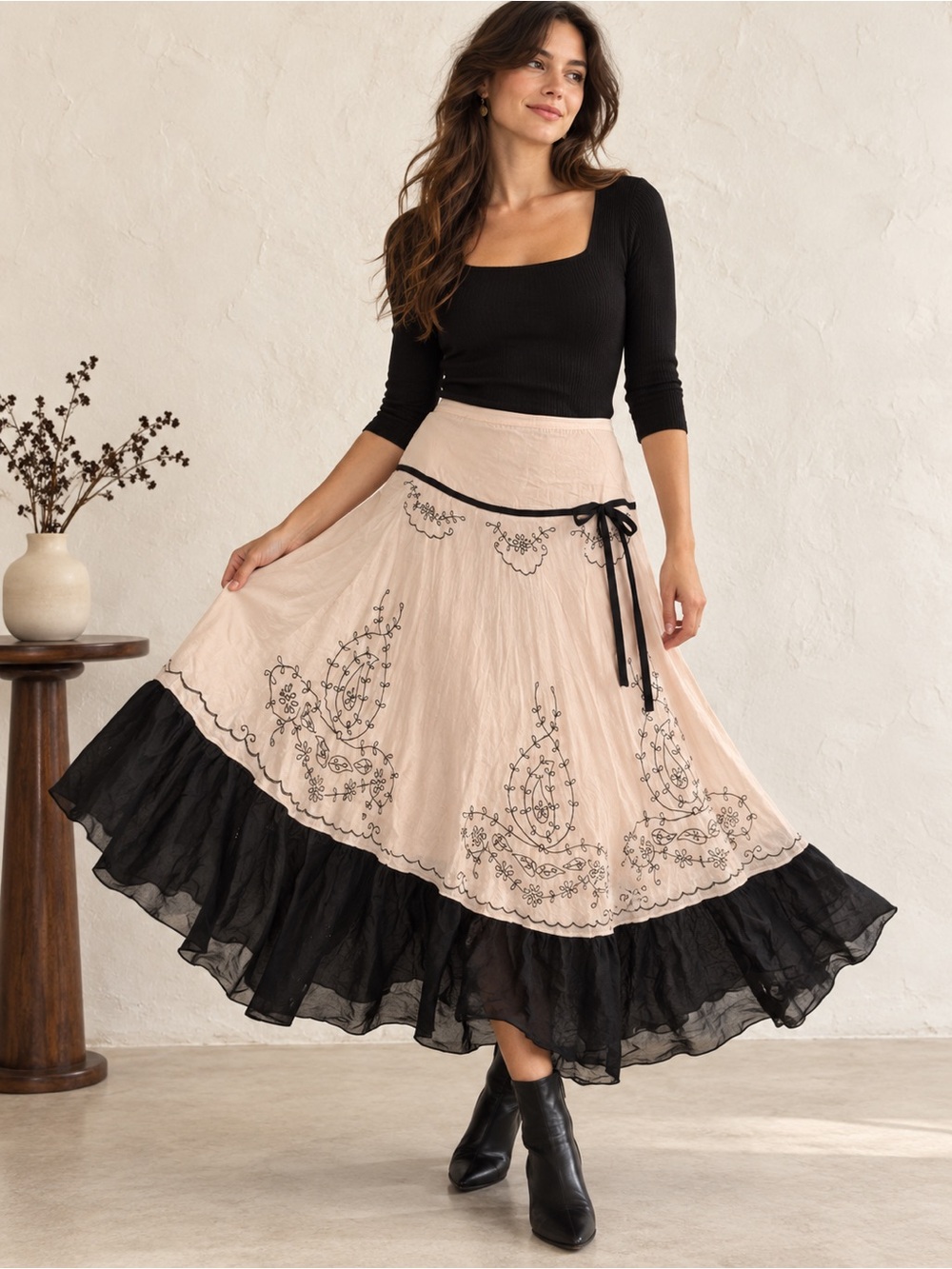Vintage Anthropologie Polli Says Drop Waist Embroidered Cotton Skirt L 10/12